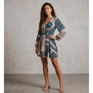 sugar LIPS  Size S Mini Dress With V-Neckline & Belted Waist Blue & Beige